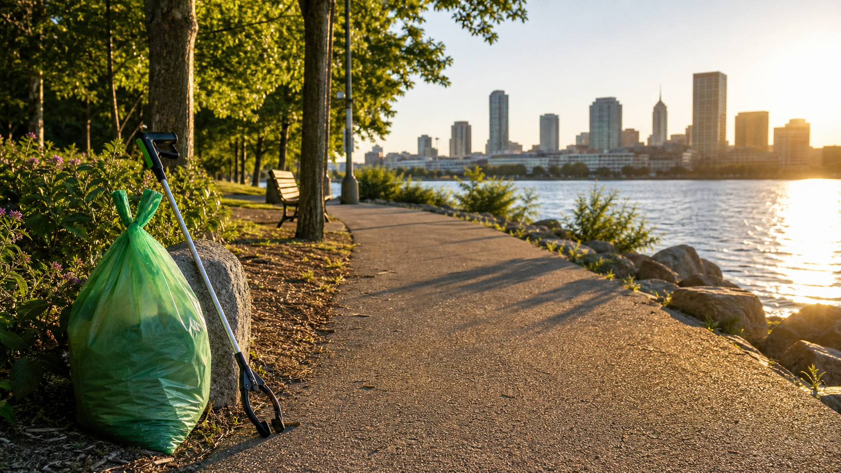 A clean park path beside the water after a litter cleanup